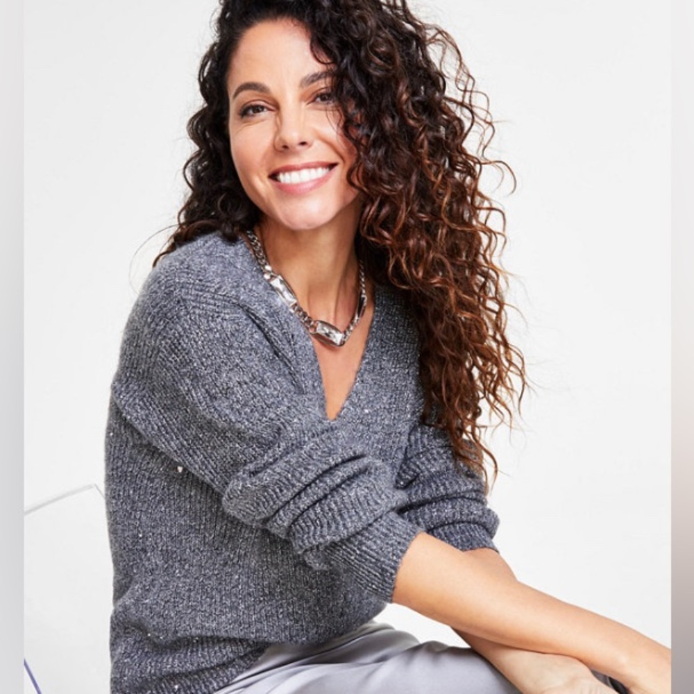 INC for Macys Gray Sequin V-Neck Sweater